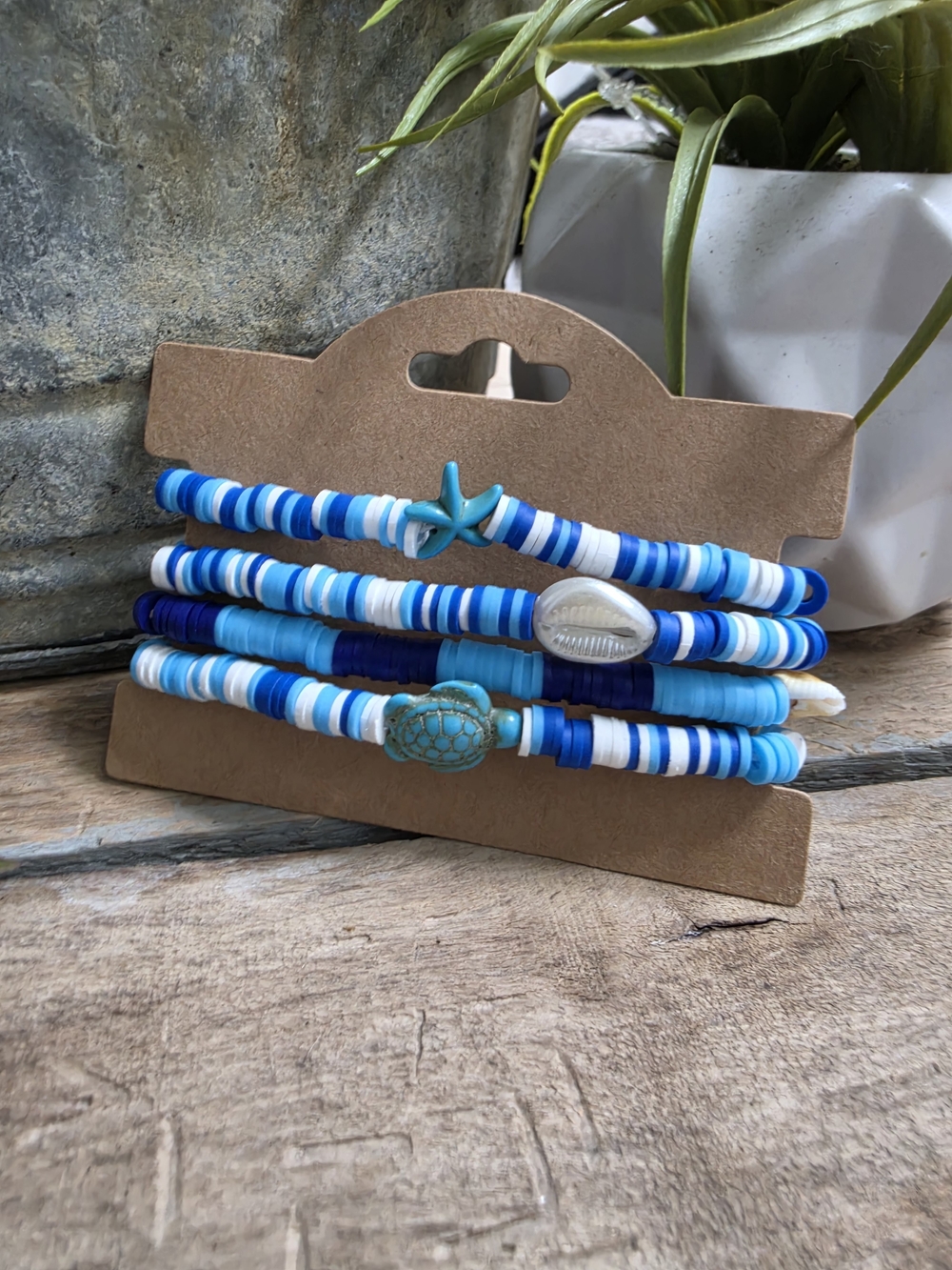 Coastal Beach Bracelet Set Starfish Turtle Shell Blue White Stack 4 Pc